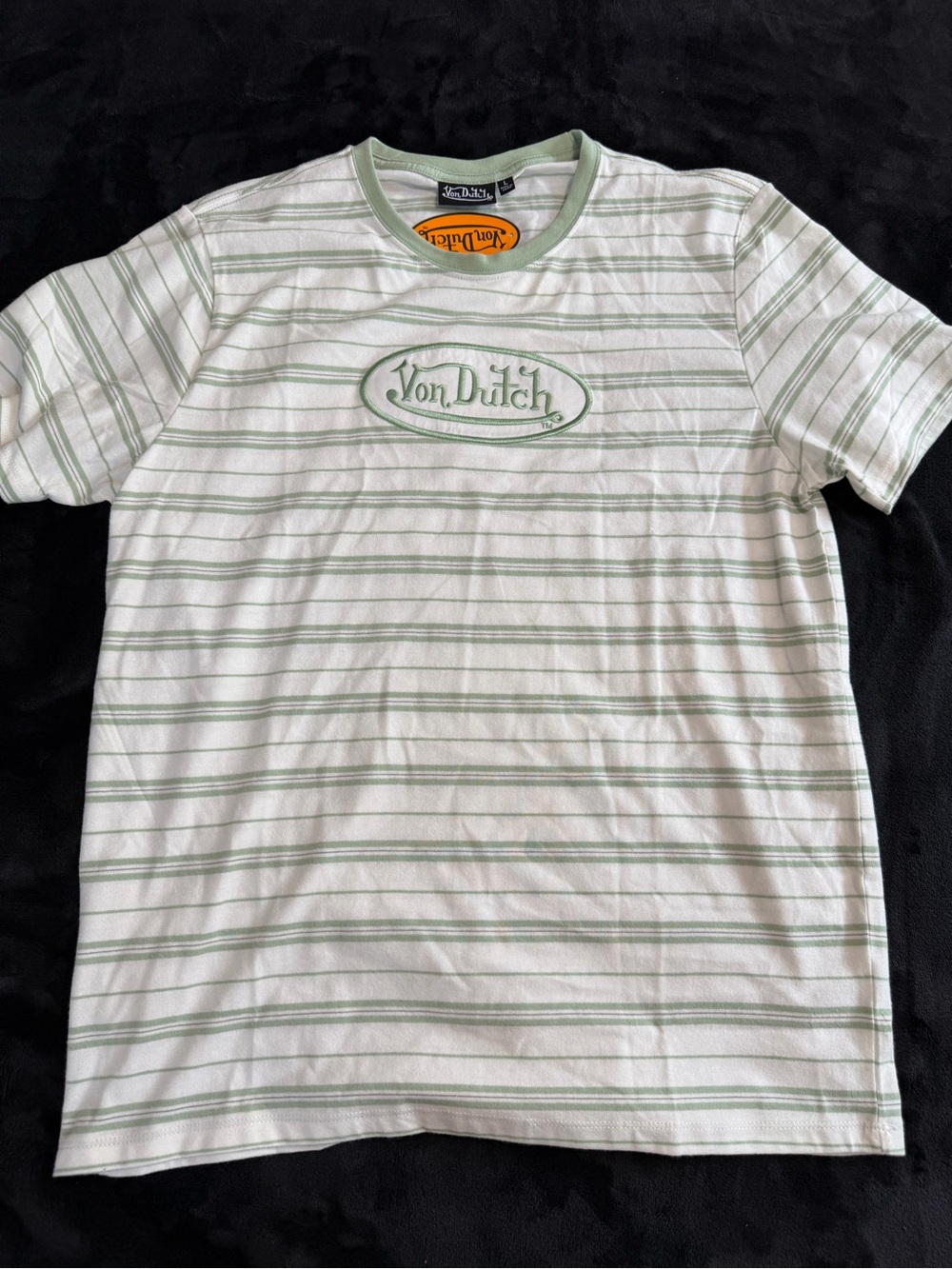 Von Dutch Men's White & Light Green Striped Logo T-Shirt L/G